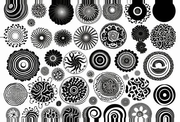 Un assortiment de cercles à motifs noirs et blancs de différents designs et tailles sont dispersés sur un fond blanc, créant un Tableau Formes Géométriques Noires Fond Blanc qui incarne la modernité épurée dans l'art abstrait.