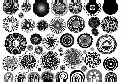 Un assortiment de cercles à motifs noirs et blancs de différents designs et tailles sont dispersés sur un fond blanc, créant un Tableau Formes Géométriques Noires Fond Blanc qui incarne la modernité épurée dans l'art abstrait.