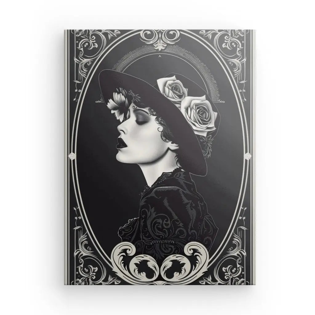 Un Tableau Carte Portrait Femme Vintage Noir et Blanc d'une femme de profil, portant un grand chapeau orné de roses, encadré d'une bordure à décoration rétro ornée.