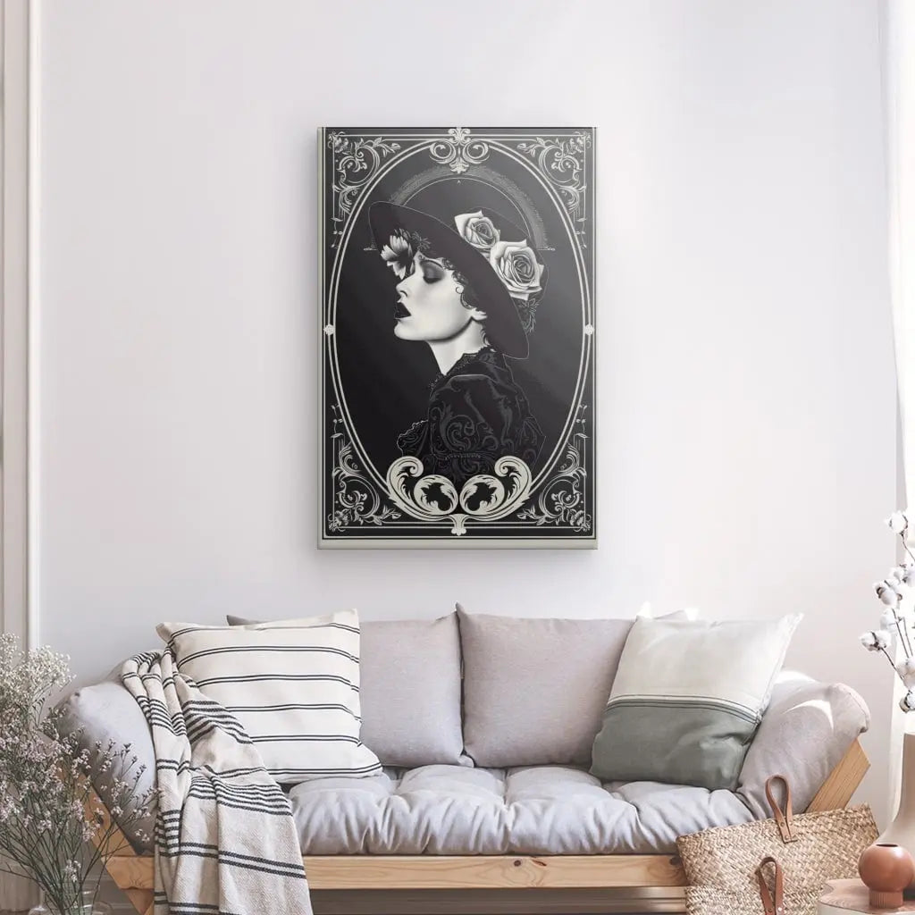 Un Tableau Carte Portrait Femme Vintage Noir et Blanc est suspendu au-dessus d'un canapé gris clair avec des oreillers rayés et unis dans un salon lumineux et minimaliste.