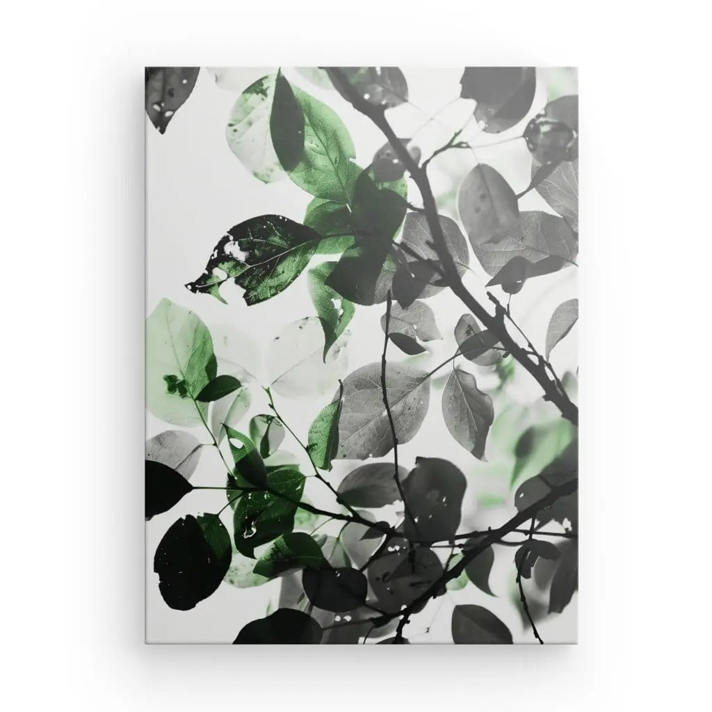 Tableau Nature Feuilles Noir et Blanc Touche de Vert - #tag1# - #tag2# 