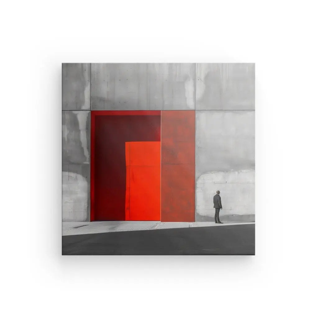 Une personne se tient à côté d’un saisissant Tableau Architecture Noir et Blanc Porte Rouge situé dans un mur de béton gris, capturant l’essence de l’Architecture Noir et Blanc.