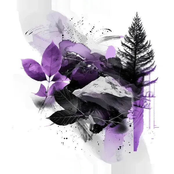 Un Tableau Oeuvre Graphique Noir Blanc Violet abstrait présentant un mélange de feuilles violettes, d'un arbre et d'éléments de montagne sur un fond blanc, incorporant des éclaboussures et des coups de pinceau pour un effet dynamique — un ajout étonnant à toute décoration intérieure.