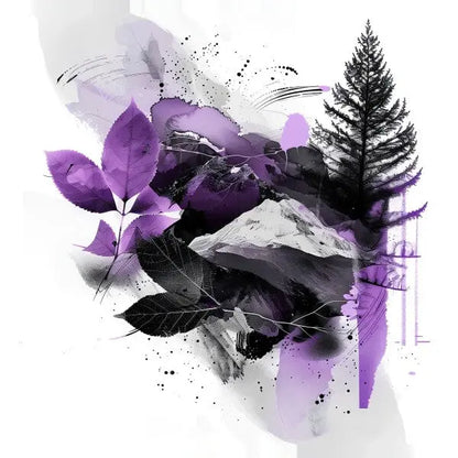 Un Tableau Oeuvre Graphique Noir Blanc Violet présentant un feuillage violet et noir, un grand arbre et des éléments de montagne sur fond blanc, parfait pour la décoration intérieure.