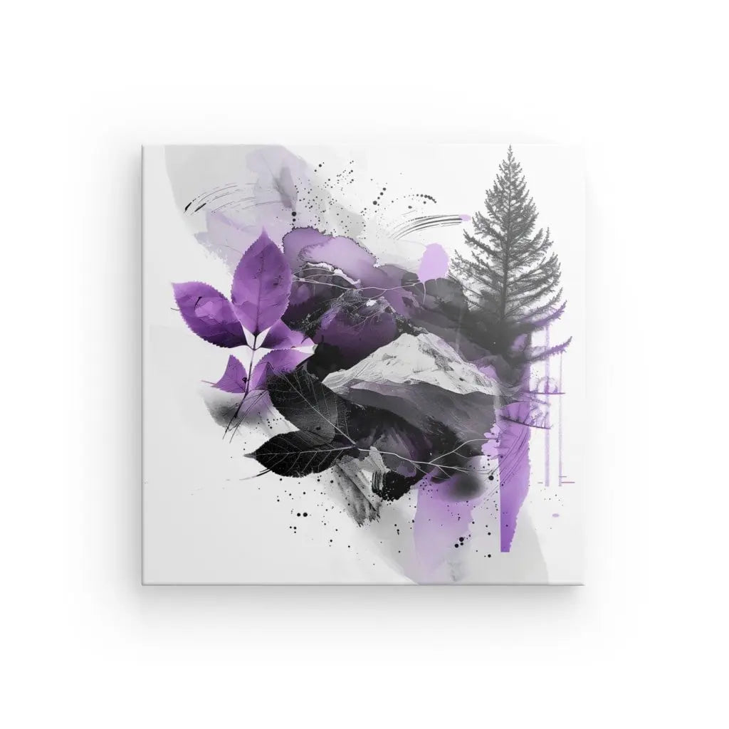 Oeuvre abstraite avec des feuilles violettes, des montagnes grises et un arbre à feuilles persistantes noir sur fond blanc, parfaite pour une décoration intérieure. Ce Tableau Oeuvre Graphique Noir Blanc Violet ajoute une touche sophistiquée à n'importe quel espace.