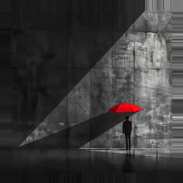 Une personne tenant un parapluie rouge se tient dans l’ombre projetée par un mur de béton, avec un éclat de lumière illuminant une partie de la scène – une véritable Scène Tableau Homme Parapluie Rouge Noir et Blanc.