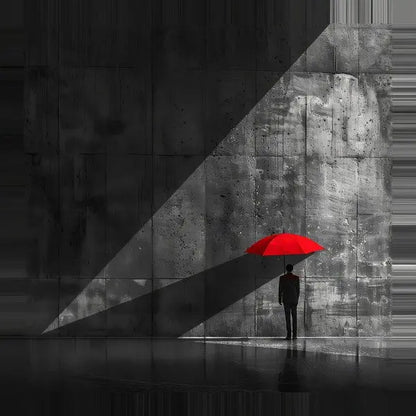 Une personne tenant un parapluie rouge se tient dans l’ombre projetée par un mur de béton, avec un éclat de lumière illuminant une partie de la scène – une véritable Scène Tableau Homme Parapluie Rouge Noir et Blanc.