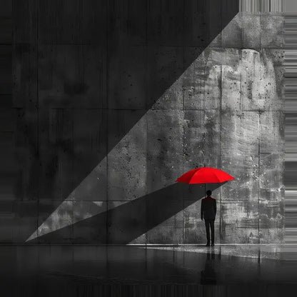 Une saisissante scène noir et blanc révèle une personne debout sous un parapluie rouge contre un grand mur gris texturé, avec un faisceau de lumière angulaire projetant une ombre. Ce Tableau Homme Parapluie Rouge Scène Noir et Blanc est une œuvre captivante qui entraîne le spectateur dans son atmosphère mystérieuse.