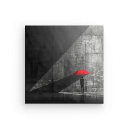 Une personne tient un parapluie rouge dans un décor minimaliste par ailleurs en noir et blanc avec des ombres géométriques projetées sur un mur, créant Tableau Homme Parapluie Rouge Scene Noir et Blanc.