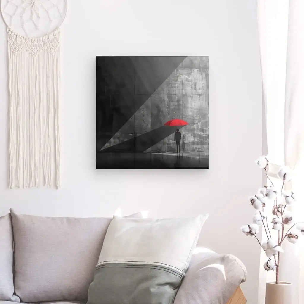 Un salon moderne comprend un canapé beige avec des coussins gris clair, une tenture murale et une œuvre captivante : Tableau Homme Parapluie Rouge Scène Noir et Blanc sur un mur de béton.