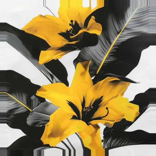 Deux grandes fleurs jaunes aux étamines sombres proéminentes sont entourées de longues feuilles sombres sur un fond uni. Ce saisissant Tableau Fleurs Jaunes Design Noir et Blanc capture l'essence de l'élégance de la nature dans une esthétique contemporaine noir et blanc.