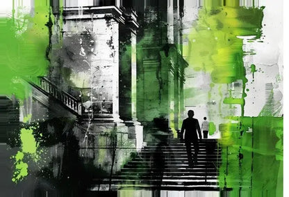 Oeuvre abstraite représentant une personne montant les marches vers un grand bâtiment. La scène, qui rappelle Tableau Street Art Noir Blanc Vert, utilise des nuances de noir, blanc et vert avec des effets d'éclaboussures de peinture. Cette pièce ajoute une touche d'art moderne à n'importe quel espace.