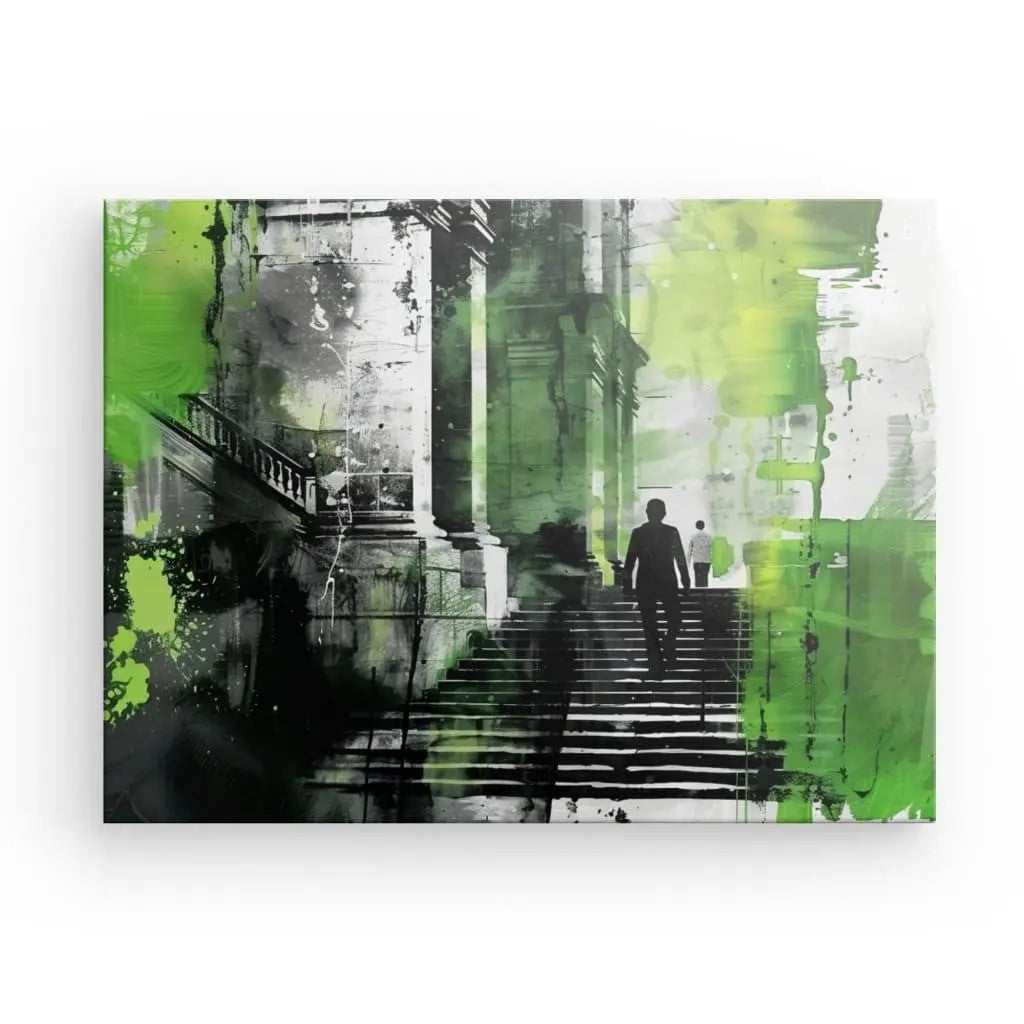 Une personne monte des marches en pierre vers un grand bâtiment. La scène est représentée dans un mélange de teintes noires, blanches et vertes, évoquant un style art moderne qui se fusionne parfaitement avec des éléments du Tableau Street Art Noir Blanc Vert pour un effet abstrait et artistique.