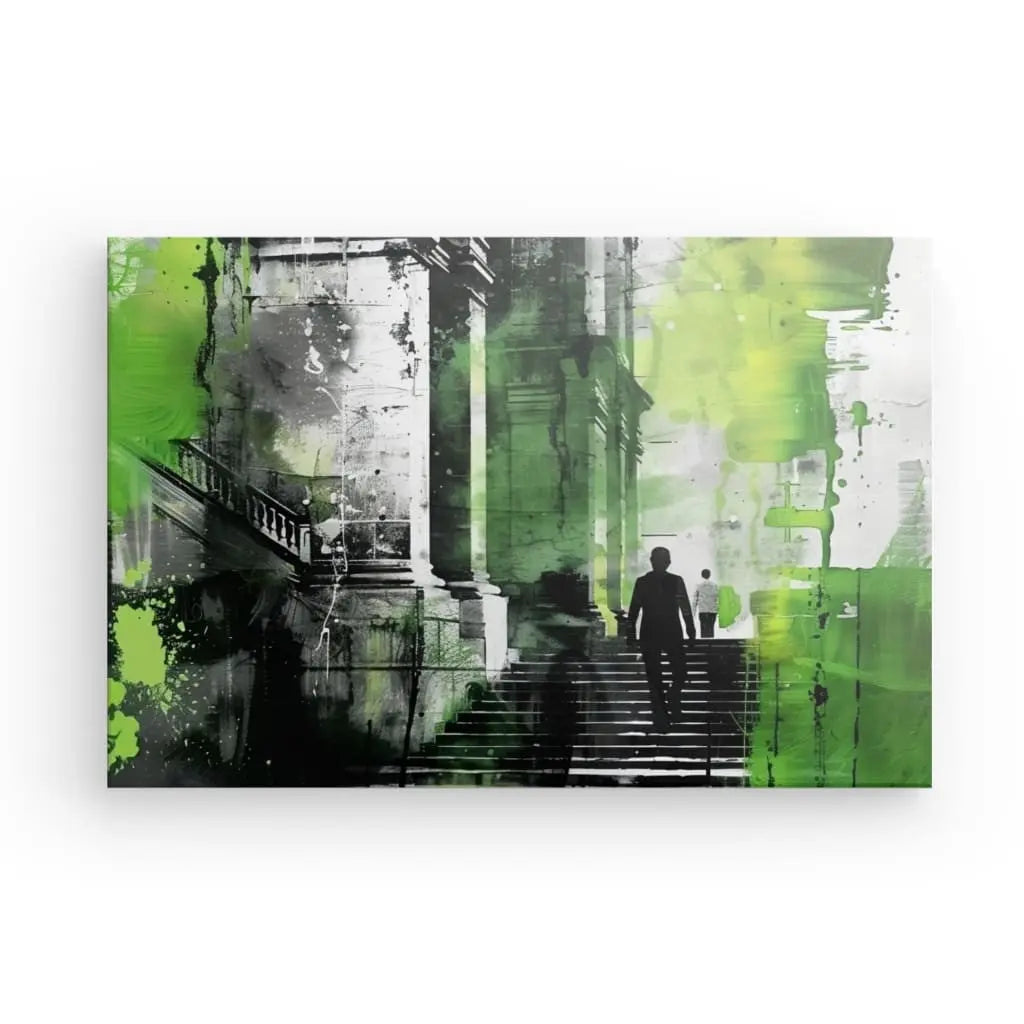 Une personne monte un escalier en direction d'un grand bâtiment, avec des touches abstraites vertes et noires superposées à l'image, incarnant l'essence du Tableau Street Art Noir Blanc Vert.