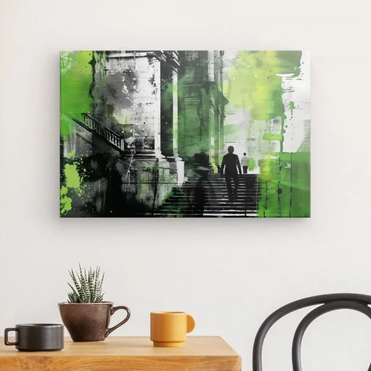Tableau street art en noir, blanc et vert, composition urbaine audacieuse et contemporaine