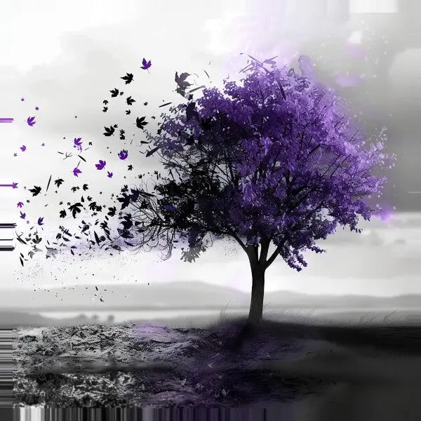 Une œuvre d'art numérique représentant un Tableau Arbre Violet Paysage Noir et Blanc avec des feuilles violettes, certaines emportées par le vent, sur un fond en niveaux de gris. Idéale pour la décoration intérieure, cette pièce paysage noir et blanc ajoute une touche de fantaisie à n'importe quel espace.