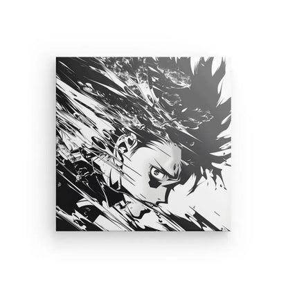 Oeuvre en noir et blanc d'un personnage intense en mouvement avec des lignes dynamiques et des éléments fluides suggérant la vitesse et l'énergie, rappelant la culture manga. Cette pièce incarne l’essence de Tableau Anime Dessin Manga Noir et Blanc, mêlant harmonieusement les influences de l’art contemporain.