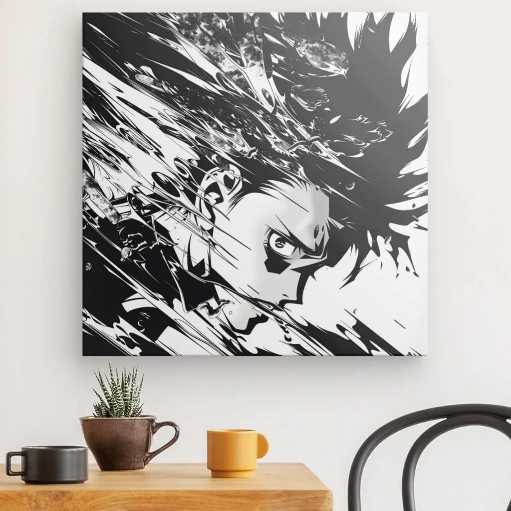 Un Tableau Anime Dessin Manga Noir et Blanc représentant un personnage d'anime aux cheveux hérissés et à l'expression déterminée, entouré de lignes dynamiques et de formes abstraites, est accroché au mur au-dessus d'une table en bois avec une petite plante et deux tasses, ajoutant une touche d'art contemporain. la culture à l'espace.