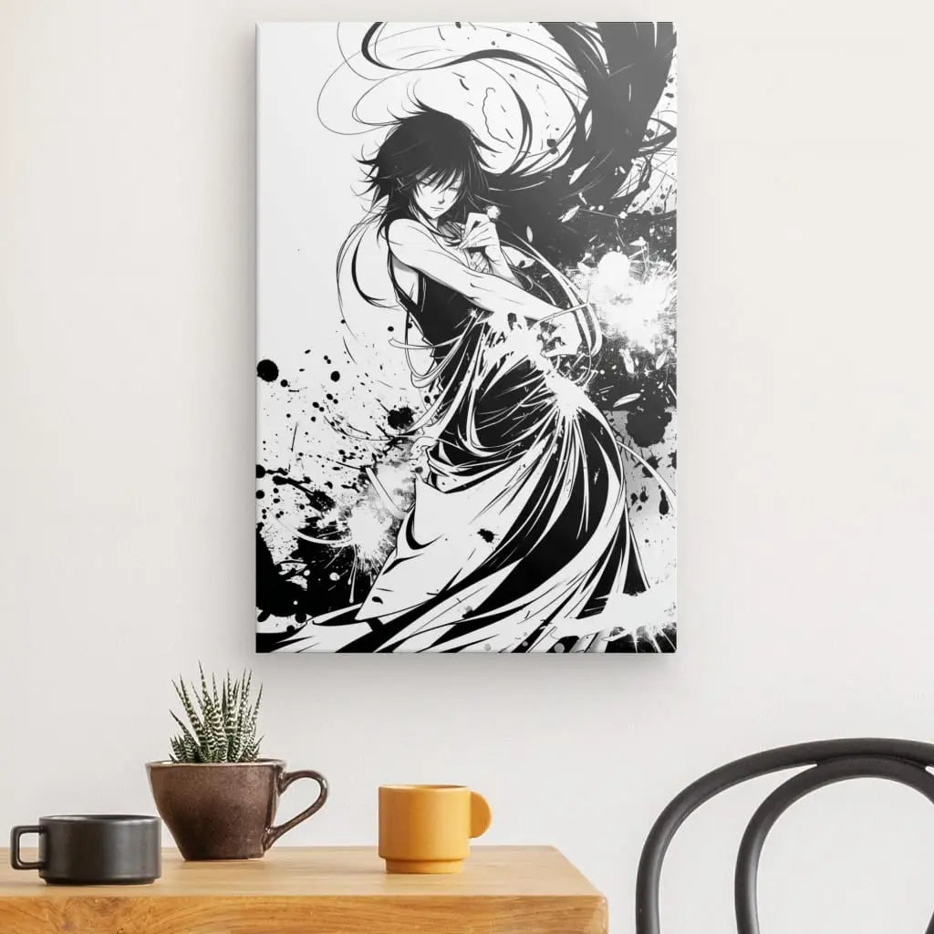 Un Tableau Dessin Portrait Manga Monochrome en mouvement dynamique est accroché au mur au-dessus d'une table en bois avec une petite plante, une tasse marron et une tasse jaune. Une chaise noire est partiellement visible dans ce tableau dessin saisissant.