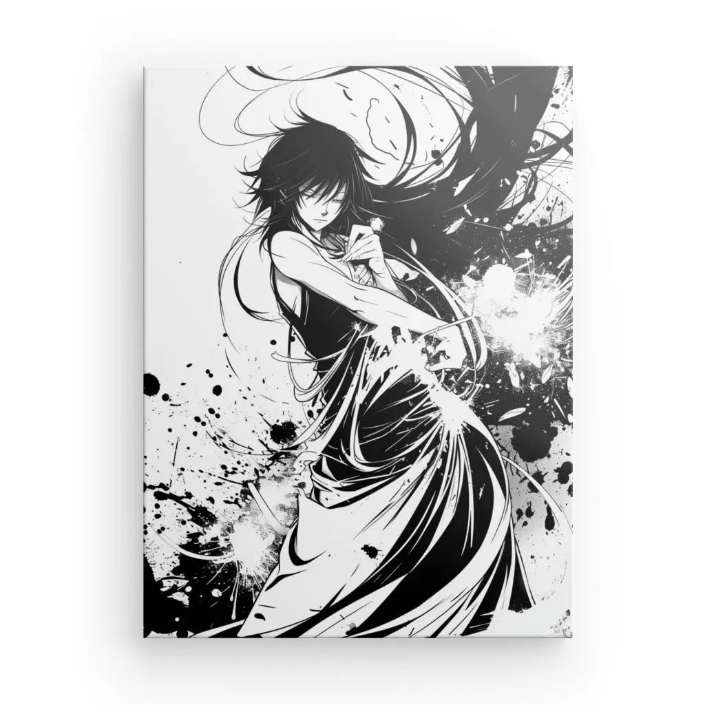 Illustration monochrome de style anime d'une personne avec des cheveux longs et flottants et un vêtement tourbillonnant, entourée d'éclaboussures abstraites et de lignes dynamiques, créant un tableau Tableau Dessin Portrait Manga Monochrome saisissant.