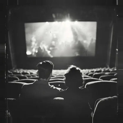 Un couple assis dans un cinéma rétro, enveloppé par la lueur nostalgique d'un Tableau Cinéma Scène Ancienne Noir et Blanc.