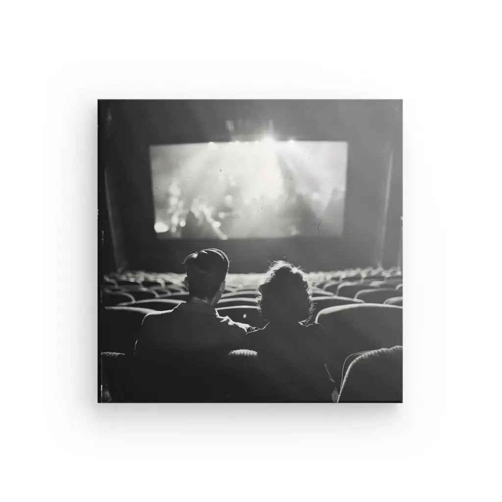 Un Tableau Cinéma Scène Ancienne Noir et Blanc capture deux personnes assises dans une salle de cinéma, vues de dos, tandis qu'une ébauche d'un film classique se déroule sur l'écran en arrière-plan.