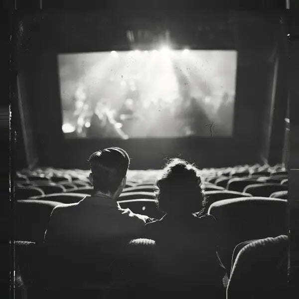 Un Tableau Cinéma Scène Ancienne Noir et Blanc capture deux personnes assises dans une salle de cinéma vide, profitant d'un film sur grand écran, évoquant le charme du cinéma rétro.