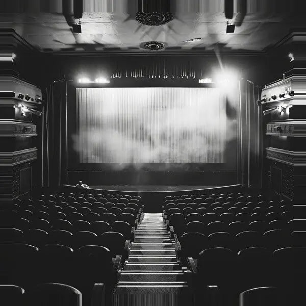 Une salle de cinéma vide avec des rangées de sièges face à un grand écran, éclairée par des spots. L'écran semble dégager une atmosphère enfumée ou brumeuse, évoquant un Tableau Théâtre Vide Scène Rétro Noir et Blanc qui donne l'impression d'entrer dans le tableau théâtre de l'art dramatique classique.