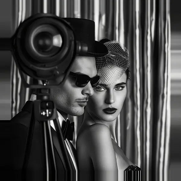 Un homme en costume et lunettes de soleil se tient à côté d'une femme, tous deux respirant l'élégance dans ce Tableau Photo Mannequin Rétro Studio Noir et Blanc noir et blanc. Ils posent avec assurance devant l’appareil photo sur fond de lignes verticales, qui rappellent la photographie de mode sophistiquée.