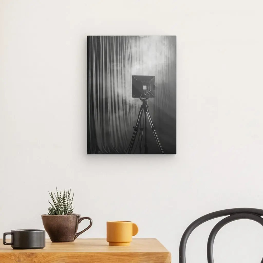 Une photo en noir et blanc d'un vieil appareil photo sur trépied, évoquant une ambiance "Tableau Projecteur Cinéma Noir et Blanc", est suspendue au-dessus d'une petite table en bois avec une tasse orange, une tasse noire et une plante en pot, à côté d'une chaise en métal noir. .
