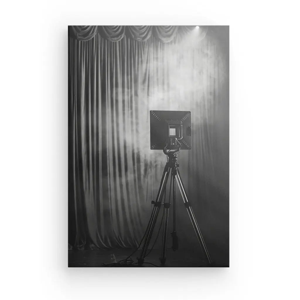 Photographie en noir et blanc d'un appareil photo sur trépied devant un rideau fermé, avec un projecteur allumé en haut à droite, créant une ambiance Tableau Projecteur Cinéma Noir et Blanc.