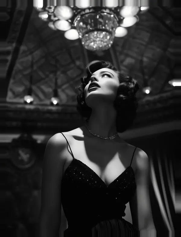 Une femme vêtue d’une robe sans manches et d’un collier lève les yeux vers un lustre dans une pièce ornée et faiblement éclairée. Le Tableau Portrait Diva Femme 50's Luxe Noir et Blanc capture l'essence du glamour du luxe des années 50.