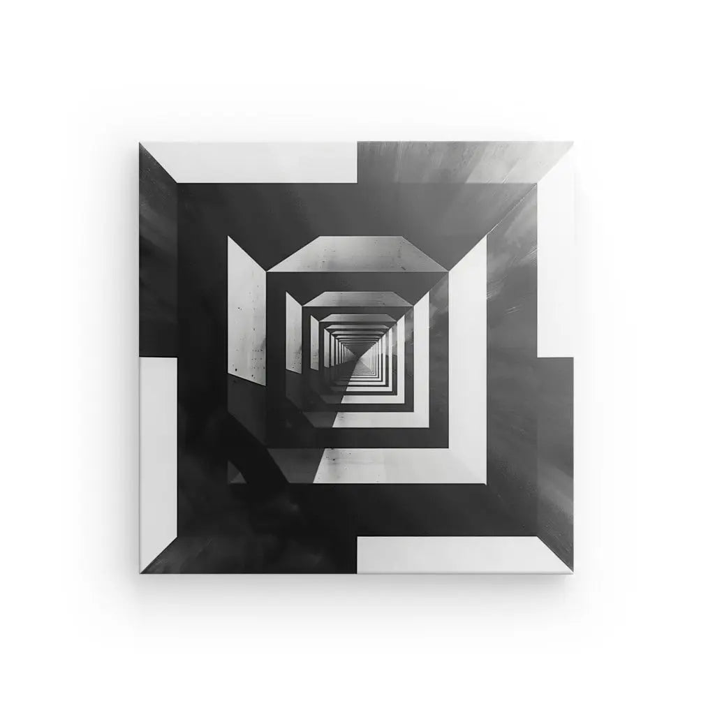 Une œuvre d'art carrée présentant un motif géométrique en noir et blanc avec une illusion centrale en forme de tunnel, créant une impression de profondeur et de perspective. Ce Tableau Contraste Géométrique Noir et Blanc illustre l'art contemporain avec son design noir et blanc saisissant.