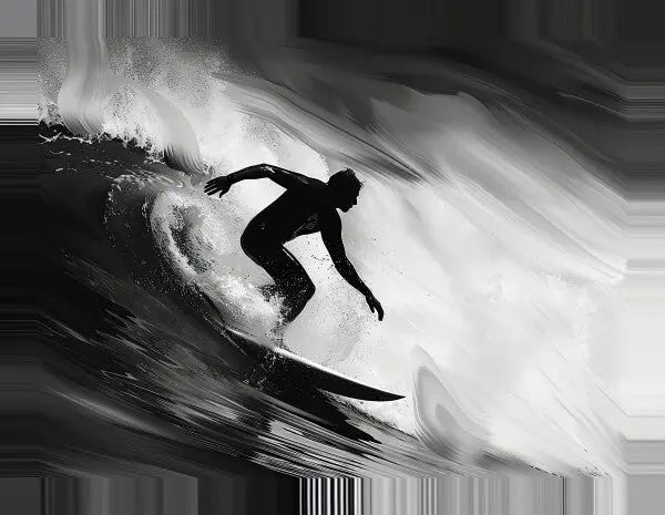 Silhouette d'un surfeur chevauchant une vague dans un Tableau Surfeur Vague Rouleau Noir et Blanc, capturant l'essence du surf artistique dans une image en noir et blanc avec des éclaboussures d'eau.
