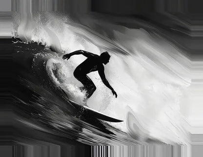 Silhouette d'un surfeur chevauchant une vague dans un Tableau Surfeur Vague Rouleau Noir et Blanc, capturant l'essence du surf artistique dans une image en noir et blanc avec des éclaboussures d'eau.
