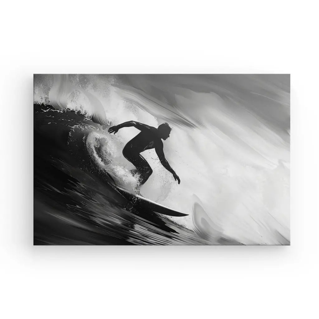Une personne chevauche une planche de surf sur une vague, représentée dans une vague image en noir et blanc, capturant l'essence de l'art du surf dans un Tableau Surfeur Vague Rouleau Noir et Blanc.
