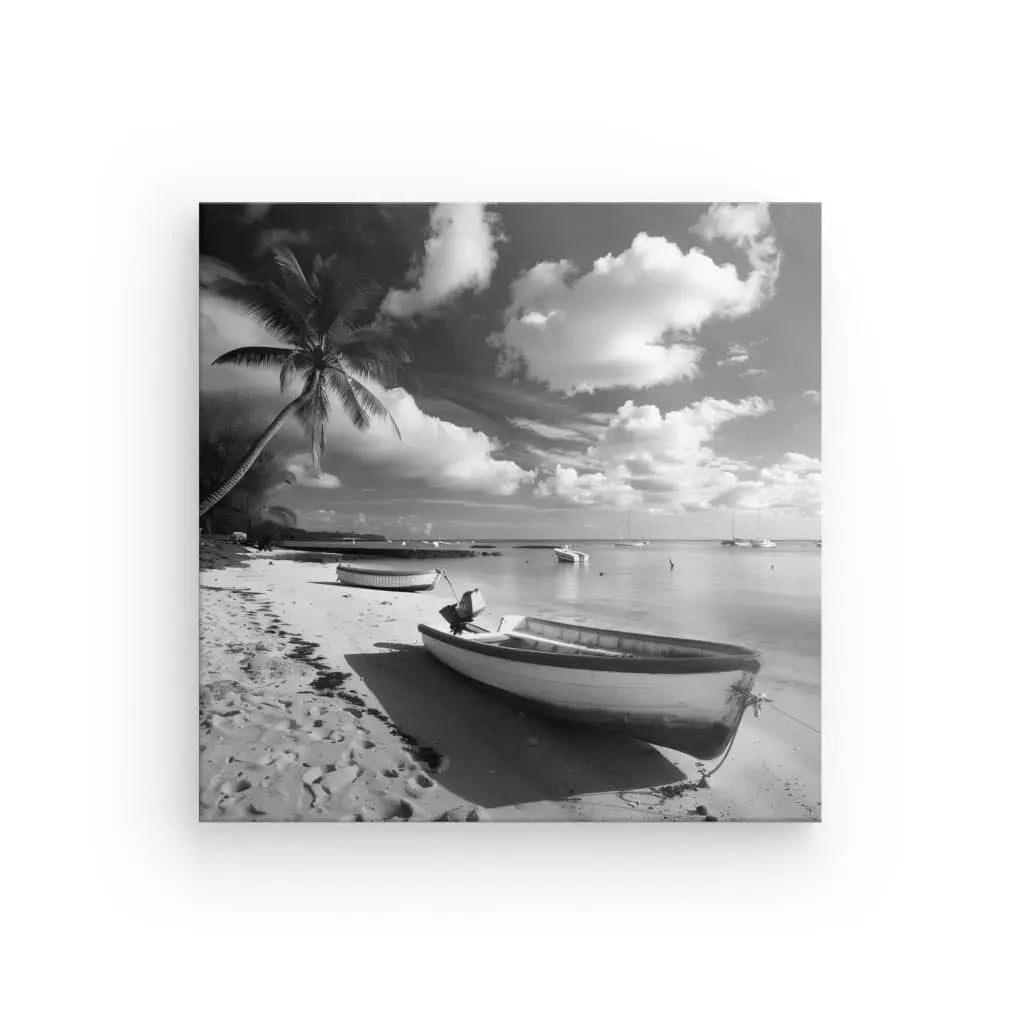 Photo en noir et blanc d'une plage avec des bateaux sur le rivage, un palmier solitaire (Tableau Plage Cocotier Bateau Ile Noir et Blanc) et un ciel partiellement nuageux.