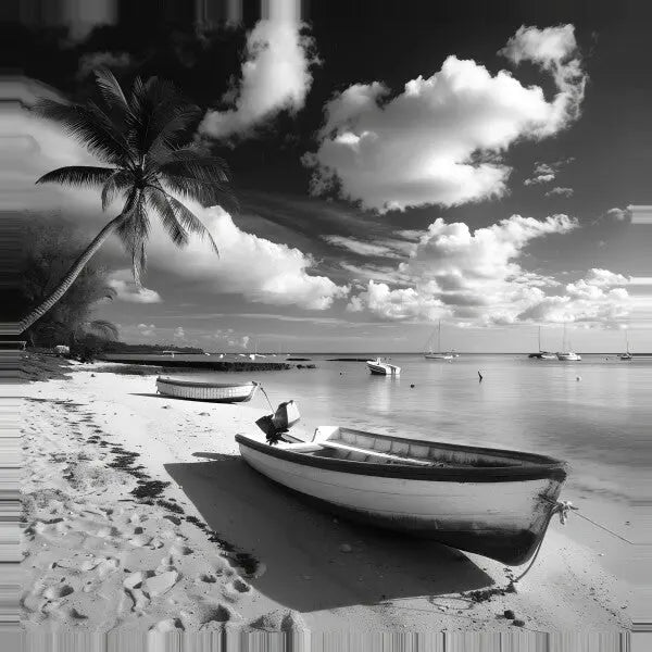 Une photo en noir et blanc représente un Tableau Plage Cocotier Bateau Ile Noir et Blanc : une plage de sable avec trois petits bateaux à côté d'un palmier solitaire sous une mer calme et des nuages épars dans le ciel.