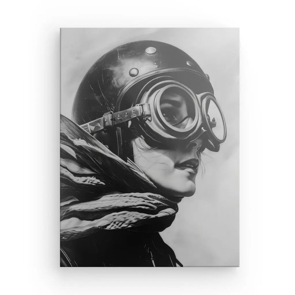 Portrait en noir et blanc d'une aviatrice d'époque portant des lunettes d'aviation vintage et un casque, avec une écharpe à motifs flottant au vent - un parfait Tableau Aviatrice Portrait Ancien Noir et Blanc.