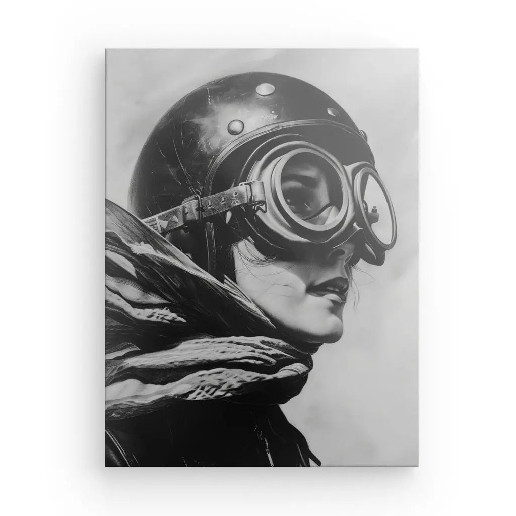 Une image en noir et blanc d'une aviatrice d'époque portant des lunettes d'aviateur vintage et un casque, avec une écharpe flottant au vent ; parfait pour une décoration intérieure : Tableau Aviatrice Portrait Ancien Noir et Blanc.