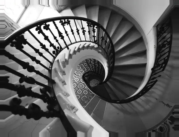 Photo en noir et blanc d'un escalier en colimaçon. Ce superbe Tableau Escalier Spirale Noir et Blanc offre une vue de haut en bas avec une balustrade ornée et un sol aux motifs méticuleux en bas, une véritable œuvre d'art.
