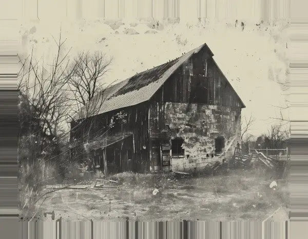 Une grange délabrée avec un toit partiellement effondré se dresse dans un paysage rural aride, entouré d'arbres sans feuilles et de débris. Le Tableau Grange Paysage Vintage Noir et Blanc dégage un charme vintage et vieilli, capturant l'essence du charme rustique.