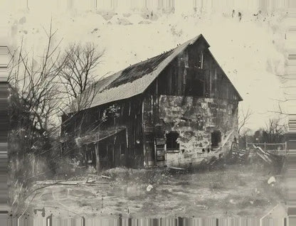 Une vieille grange délabrée avec des sections de toit manquantes et des murs en bois patinés se dresse dans un paysage rural aride, dégageant un charme rustique au milieu d'une végétation clairsemée qui ressemble à la scène représentée dans Tableau Grange Paysage Vintage Noir et Blanc.