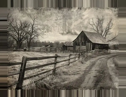 Une grange altérée se trouve près d’un chemin de terre, entourée d’une clôture en bois et d’arbres sans feuilles, sous un ciel nuageux. La scène est en noir et blanc, ce qui lui donne l'apparence d'un Tableau Paysage Campagne Ancien Noir et Blanc vintage.