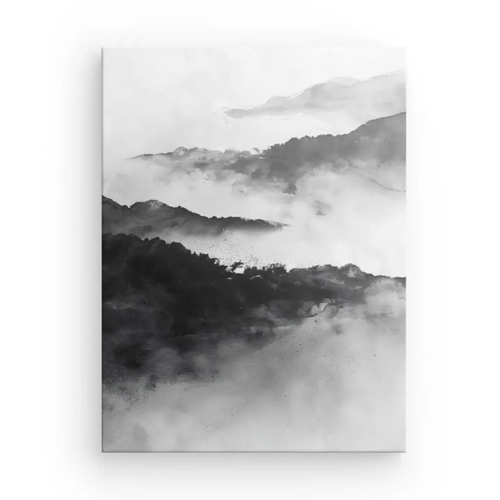 La peinture monochromatique de montagnes couvertes de brume avec des coups de pinceau abstraits crée un paysage serein dans des tons de noir, blanc et gris. Ce Tableau Paysage Noir et Blanc Onirique offre un superbe tableau paysage noir et blanc parfait pour toute décoration intérieure.