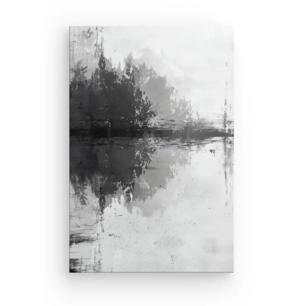 Un Tableau Abstrait Ombres Peinture Noir et Blanc, parfait pour la décoration intérieure, représente un paysage serein avec des arbres et leurs reflets sur un lac calme.