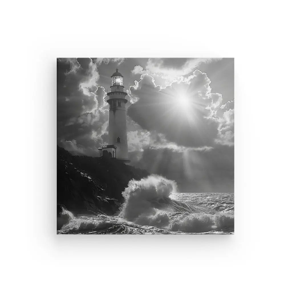 Une photo en noir et blanc d'un phare sur une falaise avec des vagues s'écrasant en contrebas et des rayons de soleil traversant les nuages, créant un exquis Tableau Phare Océan Vagues Paysage Noir et Blanc parfait comme décoration élégante.