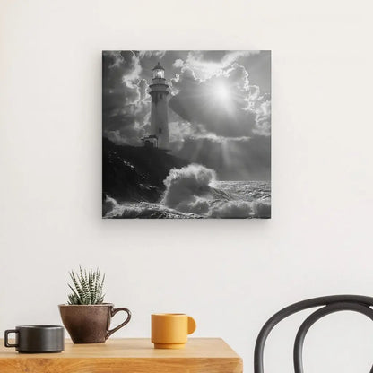 Une photo encadrée en noir et blanc d'un phare sur une côte sombre, intitulée « Tableau Phare Océan Vagues Paysage Noir et Blanc », est accrochée sur un mur blanc au-dessus d'une table en bois ornée d'une plante en pot, d'une tasse noire et d'une tasse jaune. Une chaise noire est partiellement visible, ajoutant à la décoration élégante de l'espace.