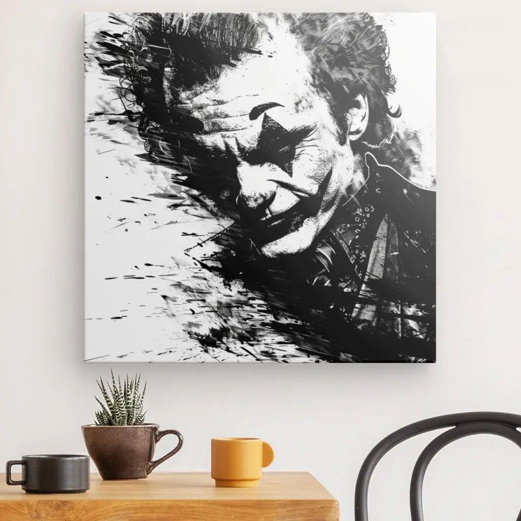 Peinture abstraite en noir et blanc représentant une personne maquillée – Tableau Joker Batman Portrait Noir et Blanc – accrochée à un mur au-dessus d'une table en bois avec une plante en pot, une tasse marron et une tasse jaune. Cette pièce saisissante ajoute une touche d'art en noir et blanc à votre décoration intérieure.