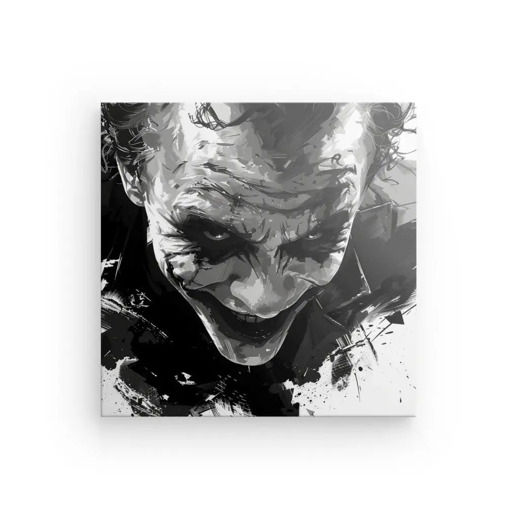 Un rendu artistique en niveaux de gris d'un homme avec un sourire sinistre et du maquillage, ressemblant à un clown Tableau Peinture Joker Marvel Sourire Démoniaque Noir et Blanc, sur un fond blanc.